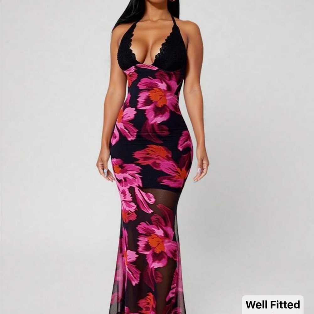 SHEIN Black and Pink Floral Maxi Dress